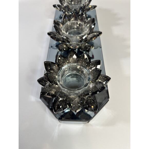Triple Crystal Candle Holder Gray Mirror Base Lotus Flower Zen Light - No Candle - Picture 4 of 11